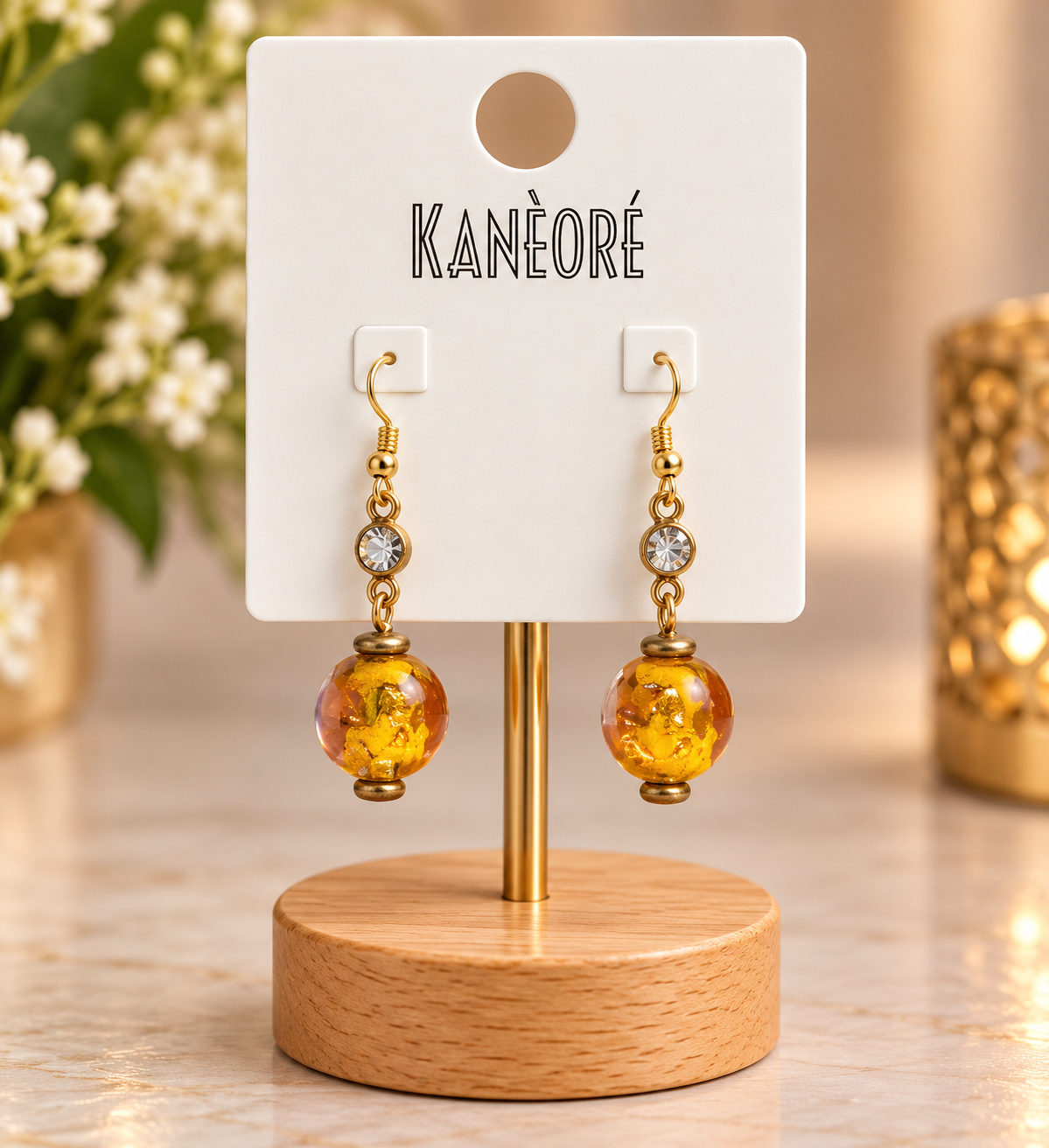 ⭐⭐⭐ Boucles d’oreilles dorées avec perles ambrées et strass