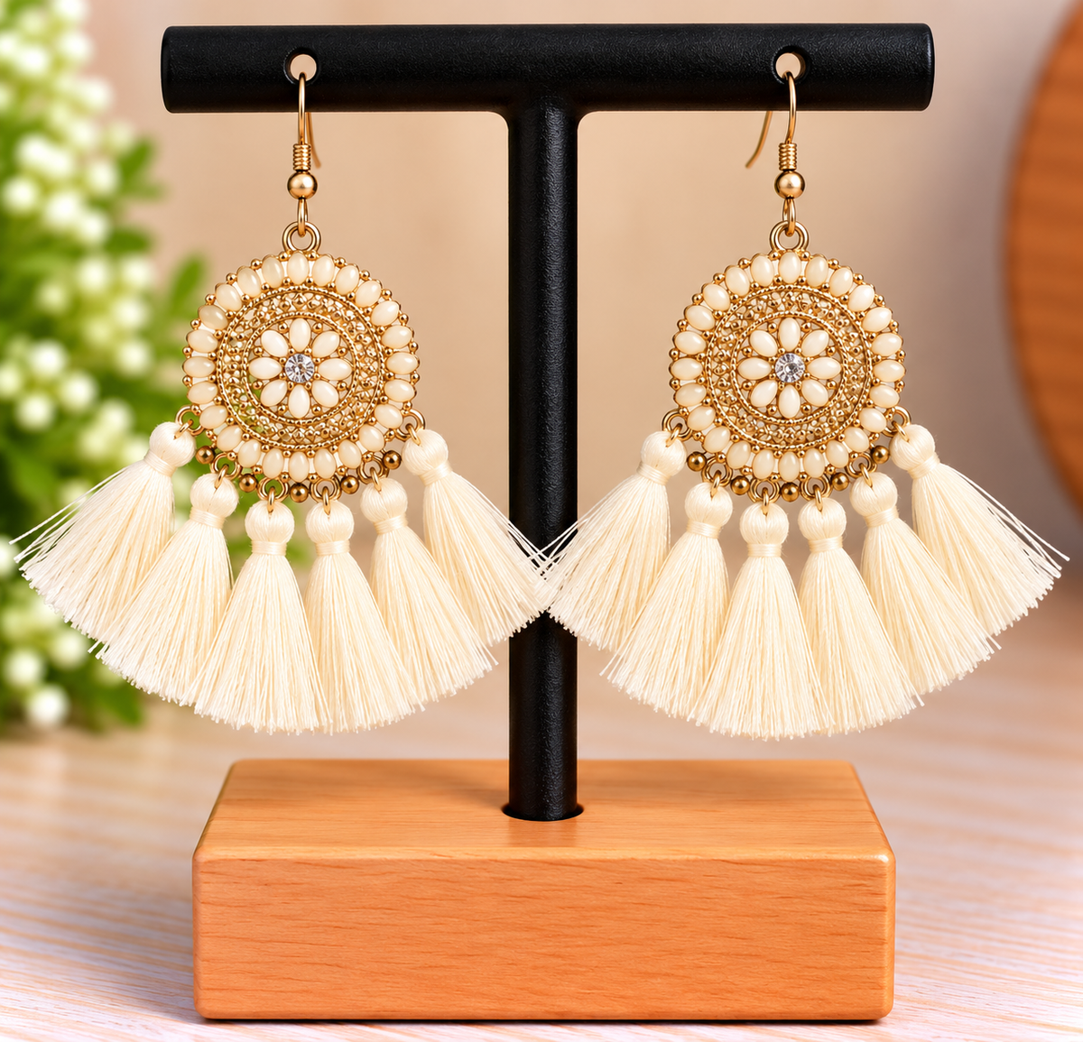 Boucles d’oreilles bohèmes dorées à pompons ivoire