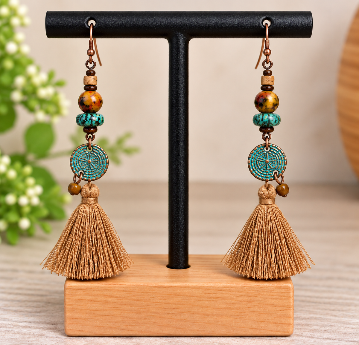 Boucles d’oreilles bohèmes à pompon beige et perles turquoise