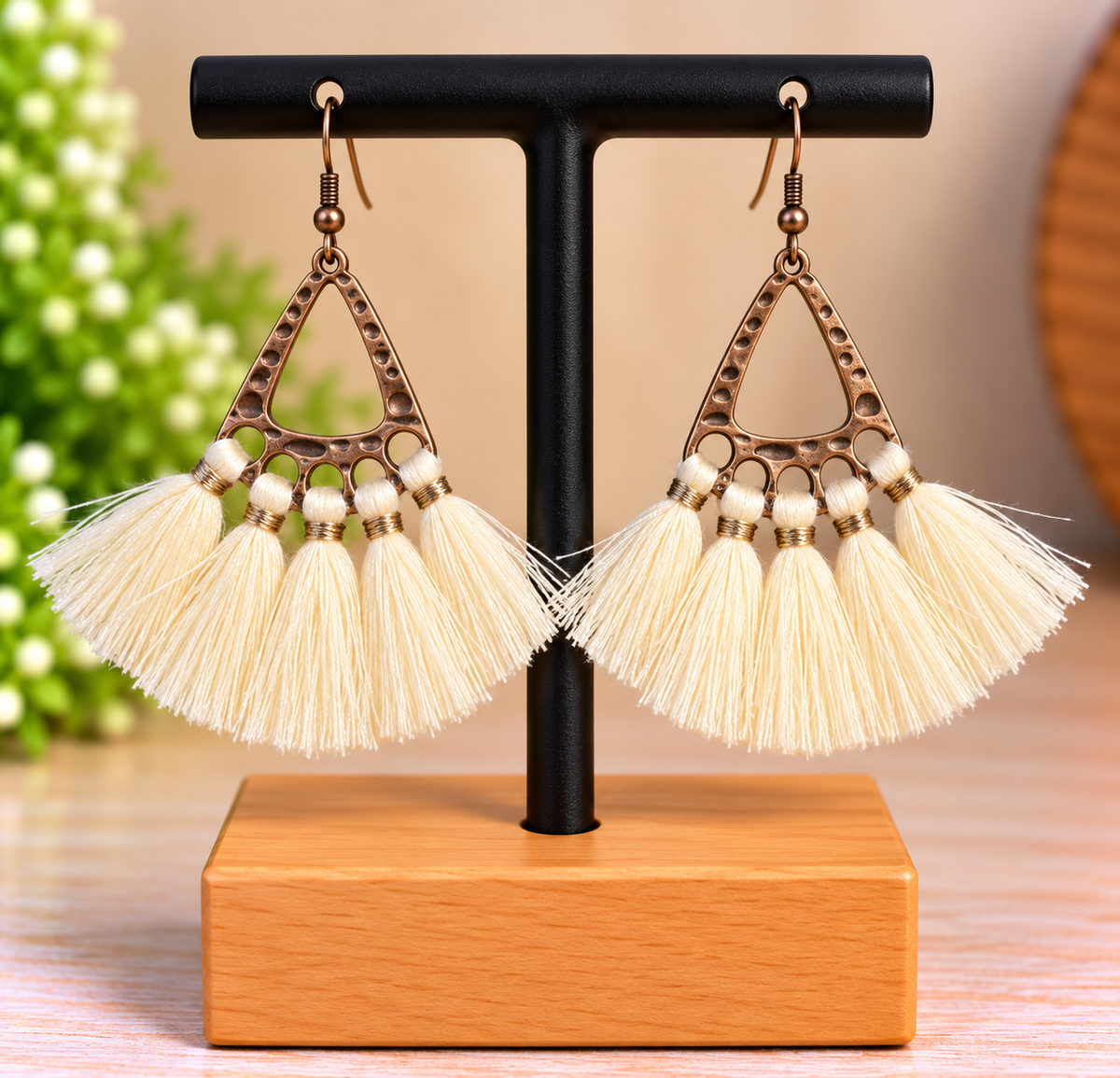 Boucles d’oreilles bohèmes triangulaires cuivrées à pompons ivoire