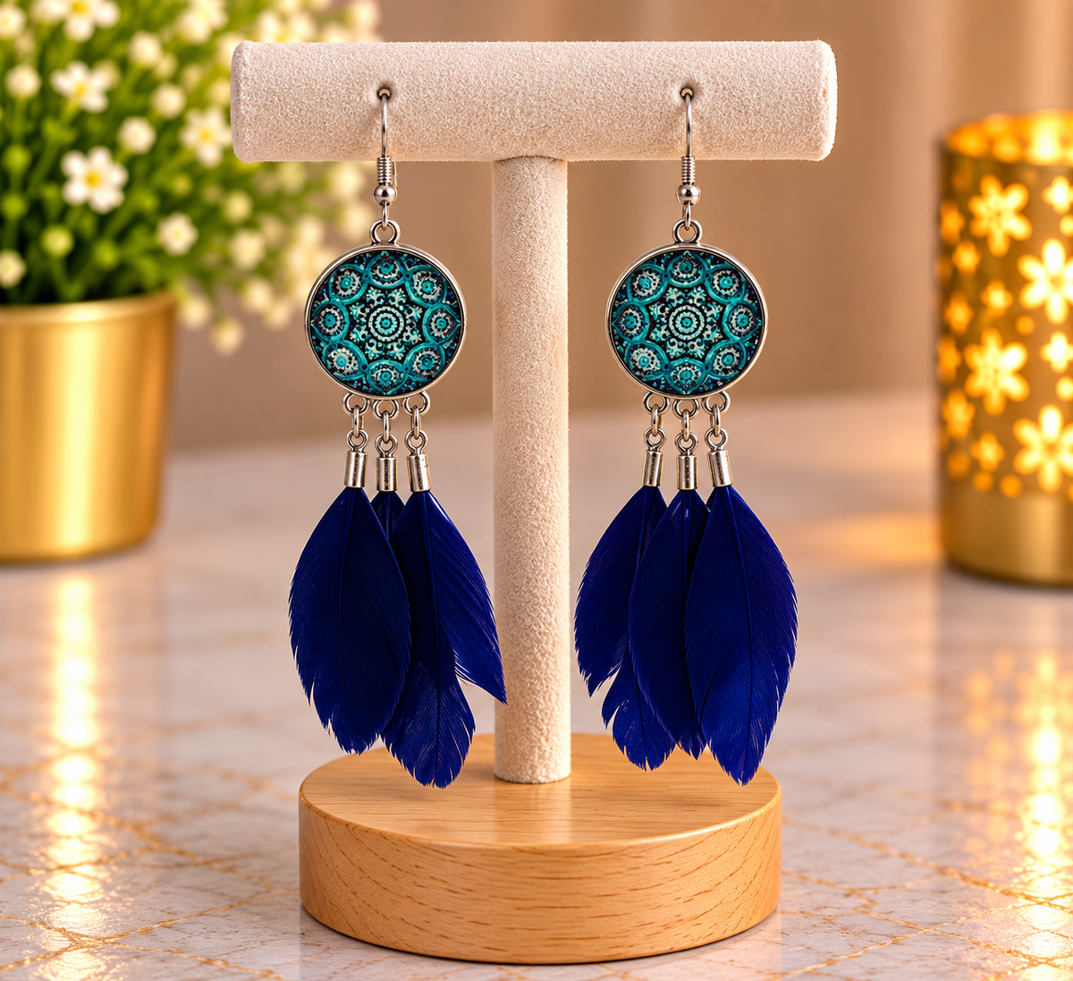 ⭐⭐⭐Boucles d’oreilles pendantes à plumes bleu marine et motifs mandala