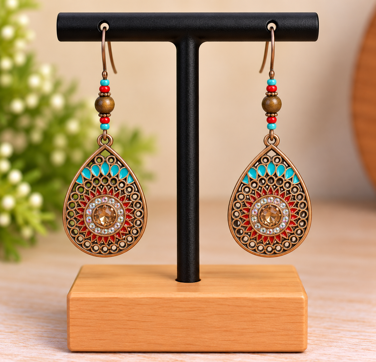 Boucles d’oreilles pendantes goutte bronze et turquoise – Style bohème