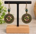 Boucles d’oreilles pendantes bohèmes bronze et fleurs multicolores