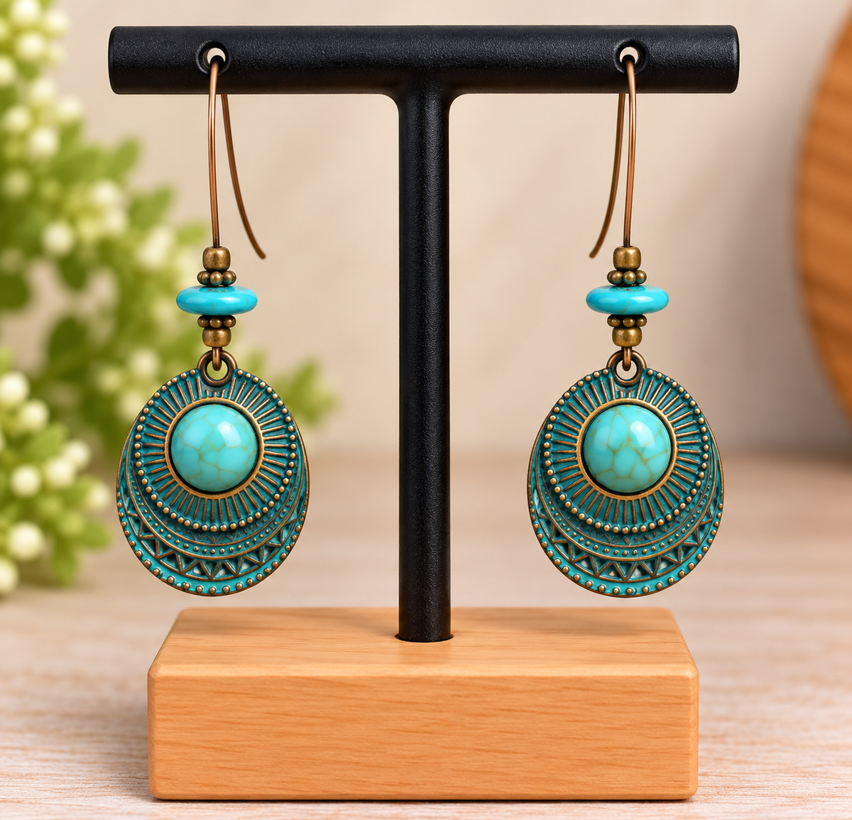 Boucles d’oreilles ovales turquoise et bronze – Style ethnique