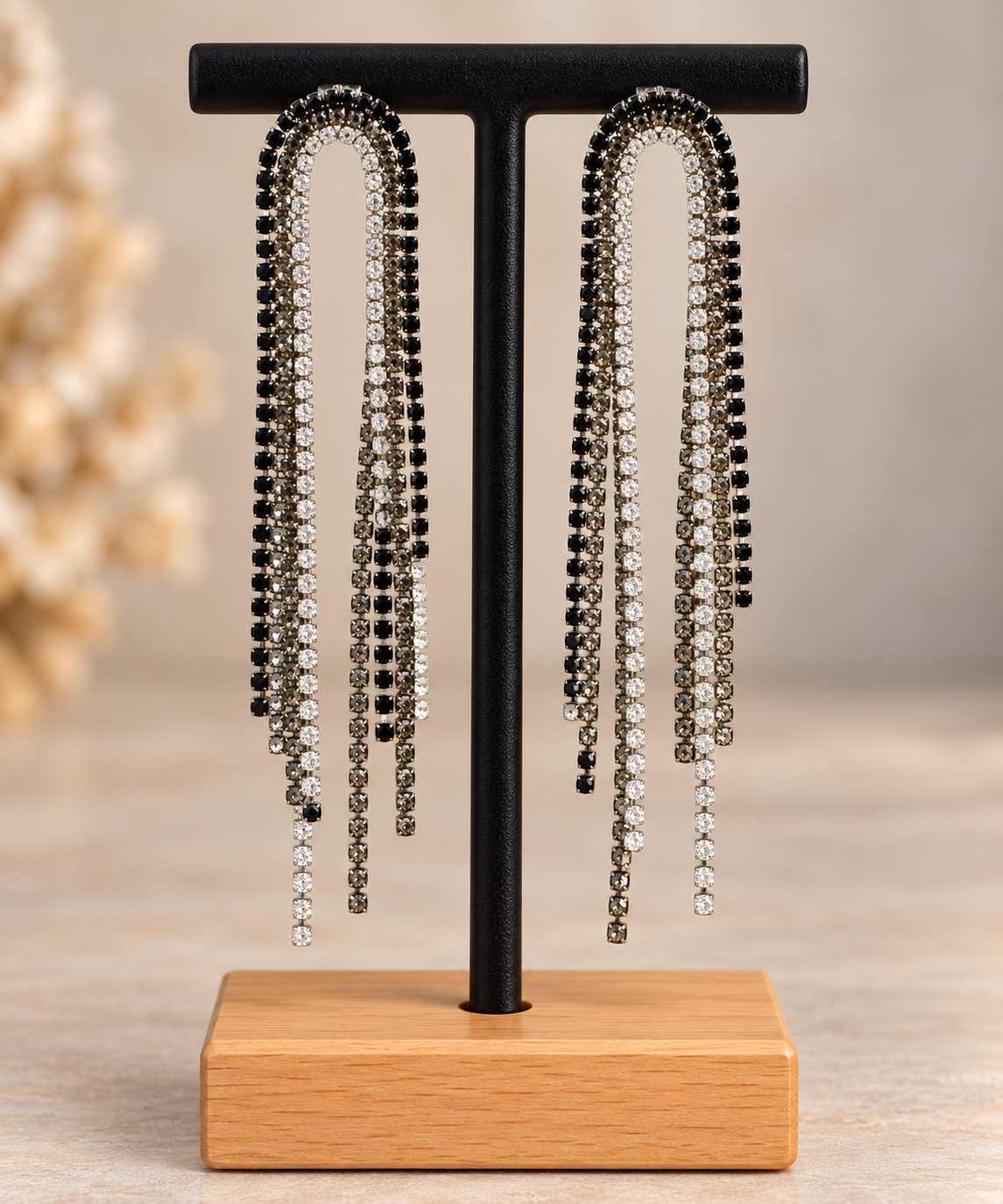 ✨ Kanèoré – Boucles d’oreilles pendantes strass noirs et argentés