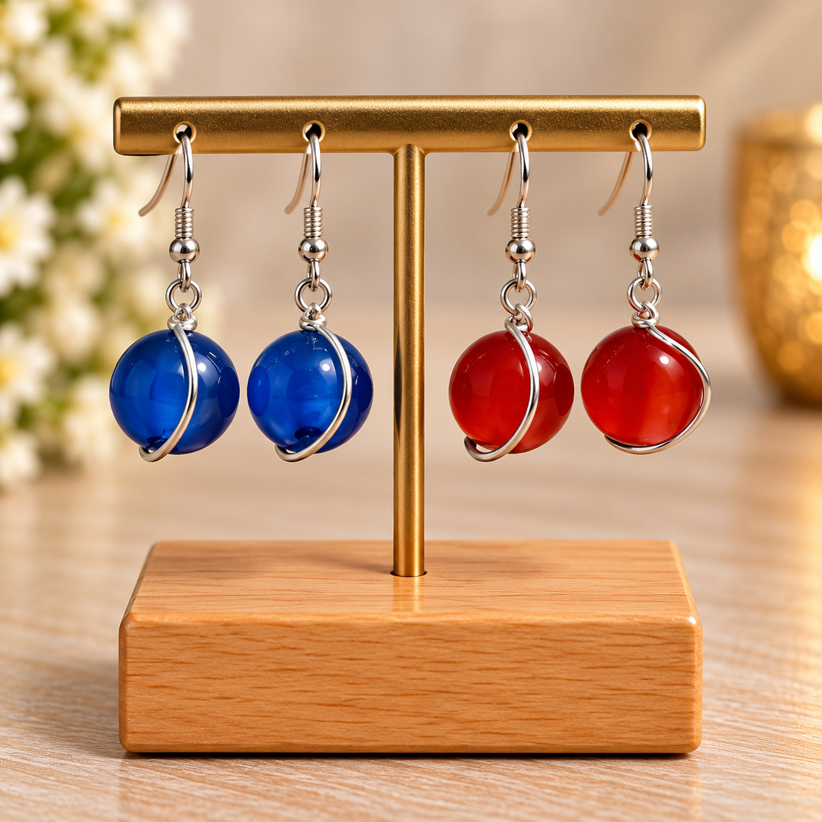 ✨ KANÈORÉ – Boucles d’oreilles pendantes avec perles rouges et bleues