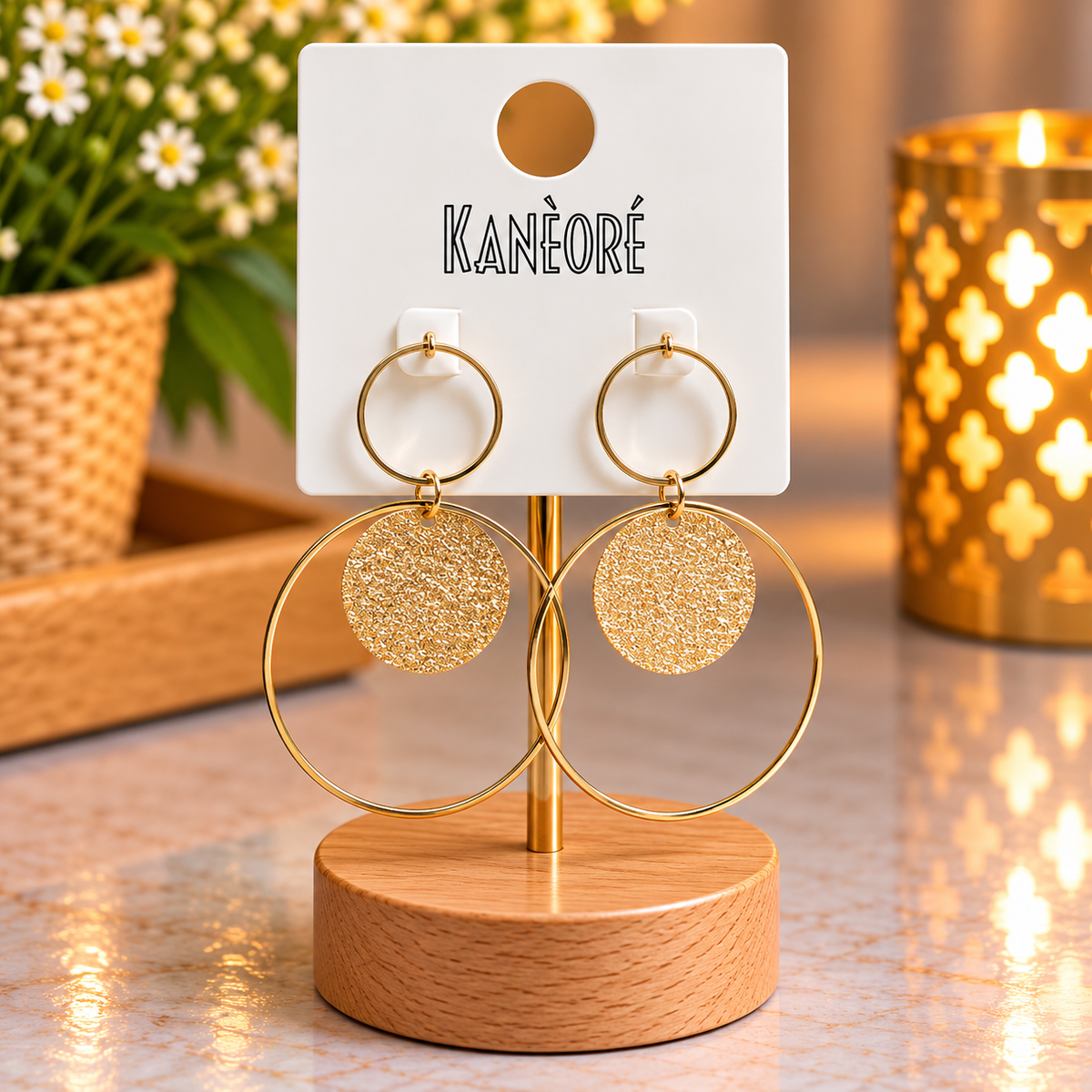 ✨ Boucles d’oreilles créoles dorées avec médaillons pailletés