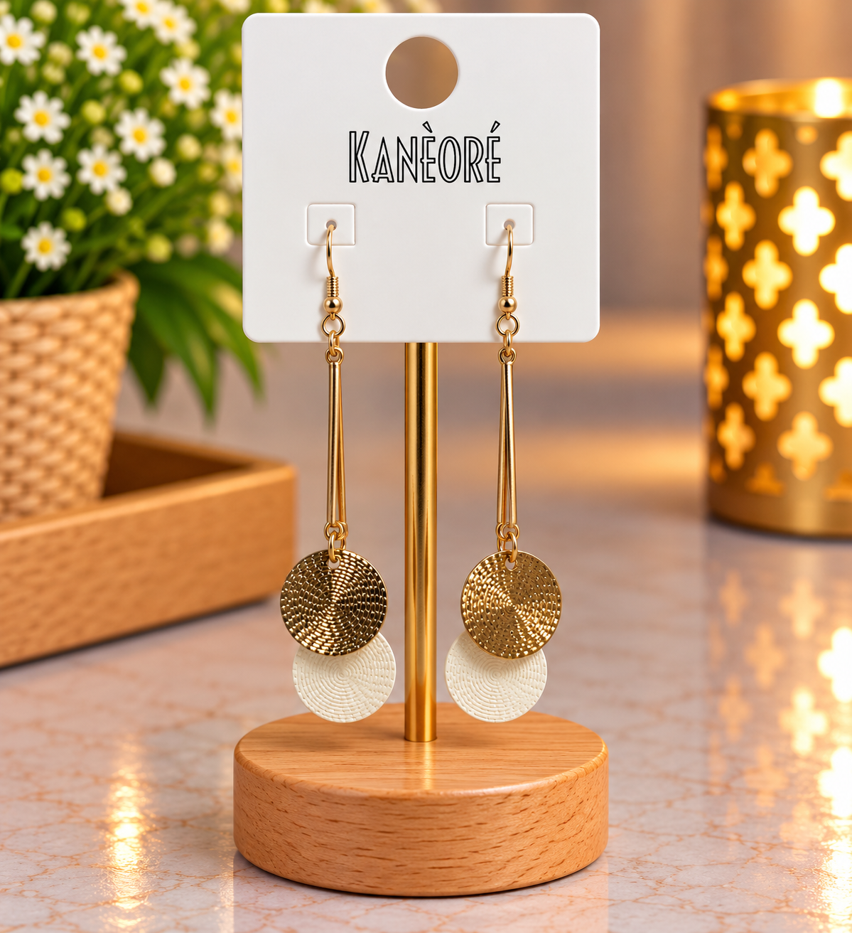 ✨Boucles d’oreilles pendantes dorées et blanches – Kanèoré