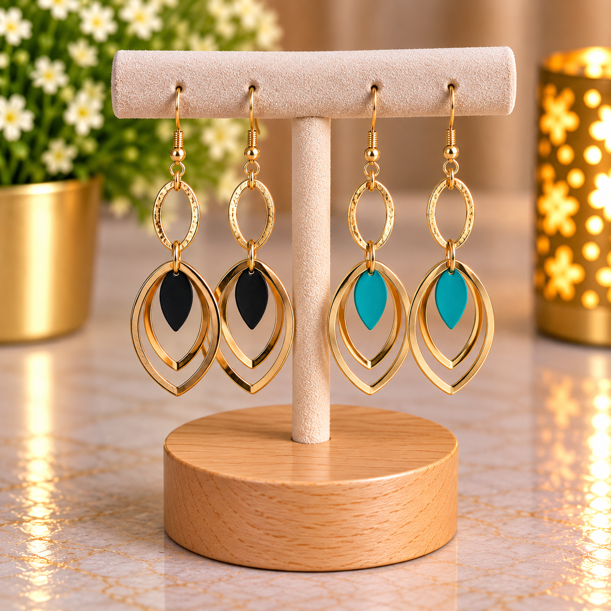 ⭐⭐⭐Lot de 2 paires de boucles d’oreilles pendantes dorées noires et turquoise