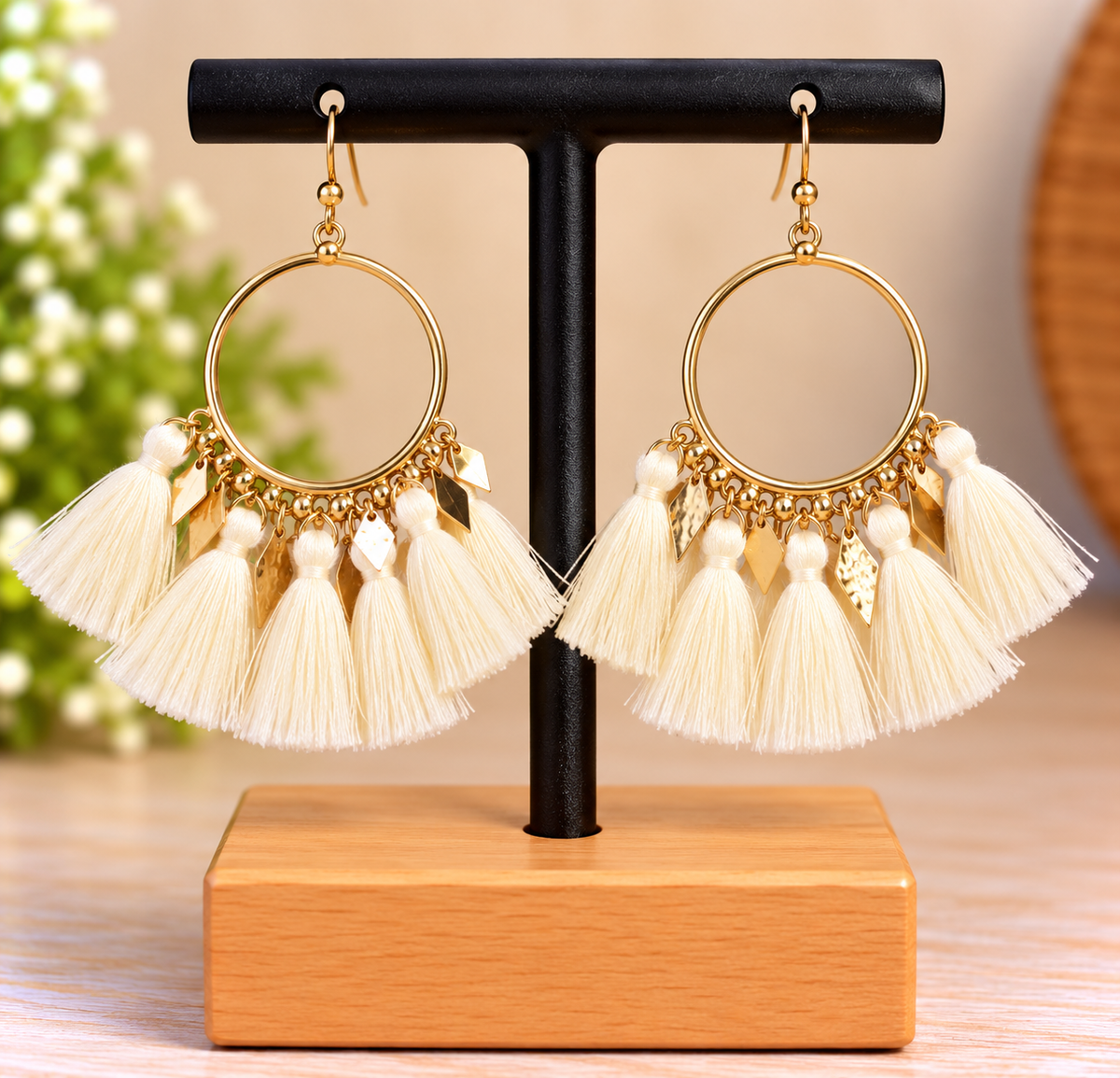 Boucles d’oreilles créoles dorées à pompons ivoire – Style bohème