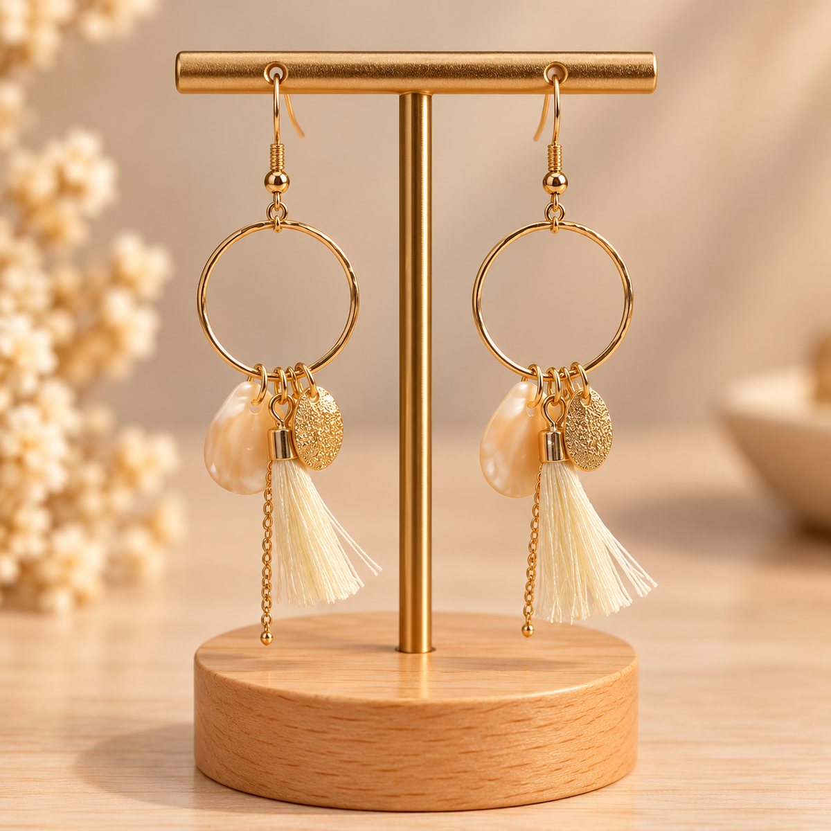 ⭐⭐⭐ Boucles d’oreilles dorées avec pompons et breloques ivoire