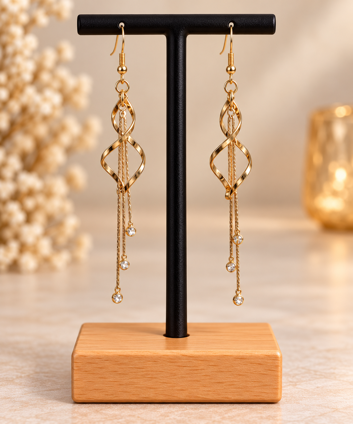 ✨ Kaneore – Boucles d’oreilles pendantes dorées torsadées à strass