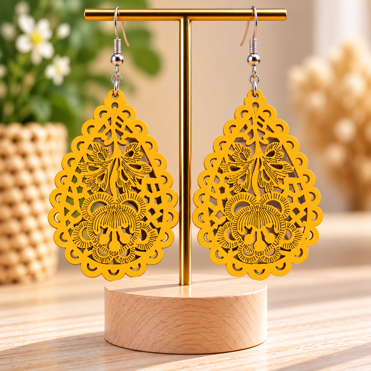 Boucles d’oreilles pendantes dorées à motifs floraux ajourés