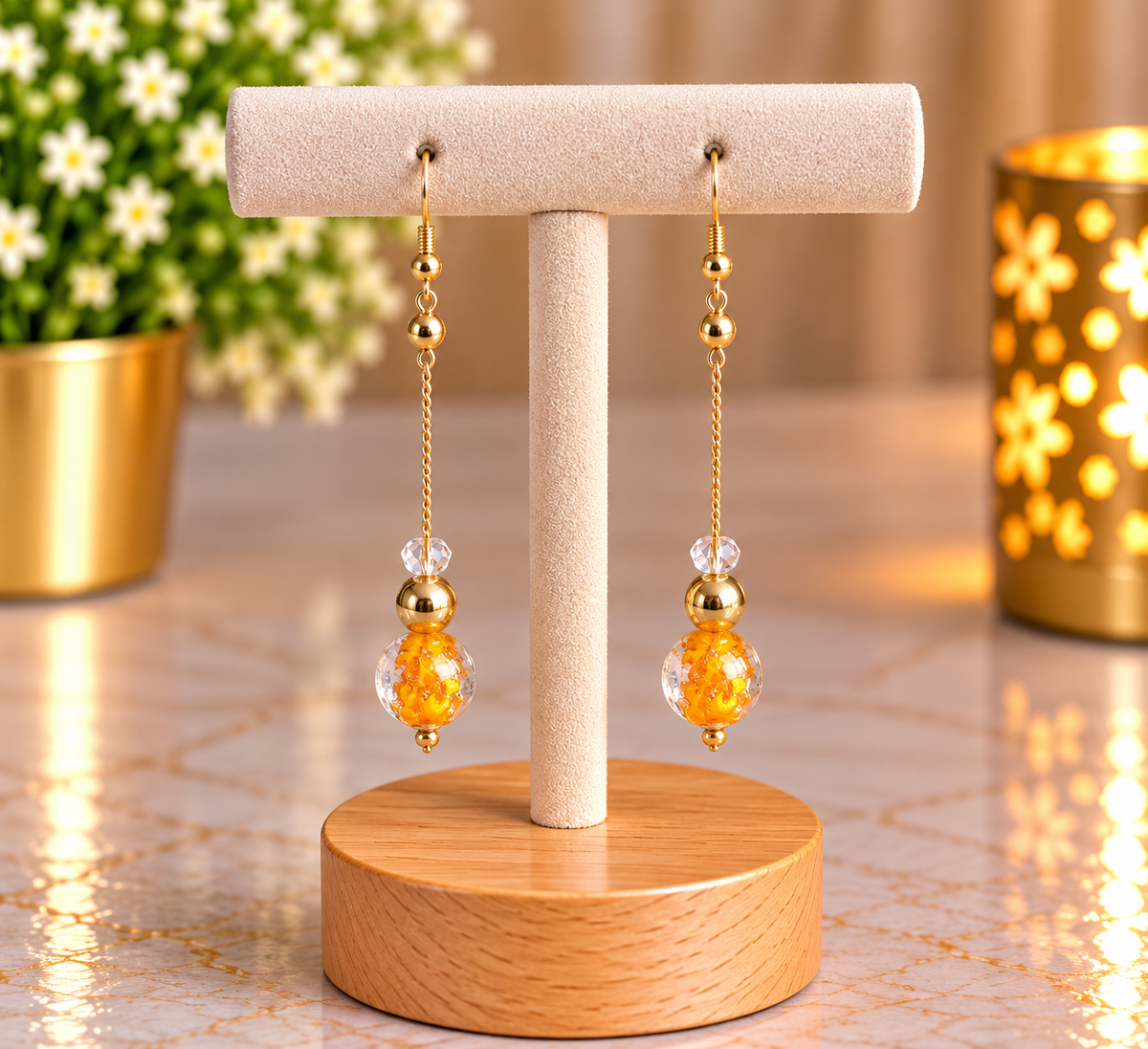 ⭐️⭐️⭐️Boucles d’oreilles pendantes dorées avec perles ambrées – Kanèoré