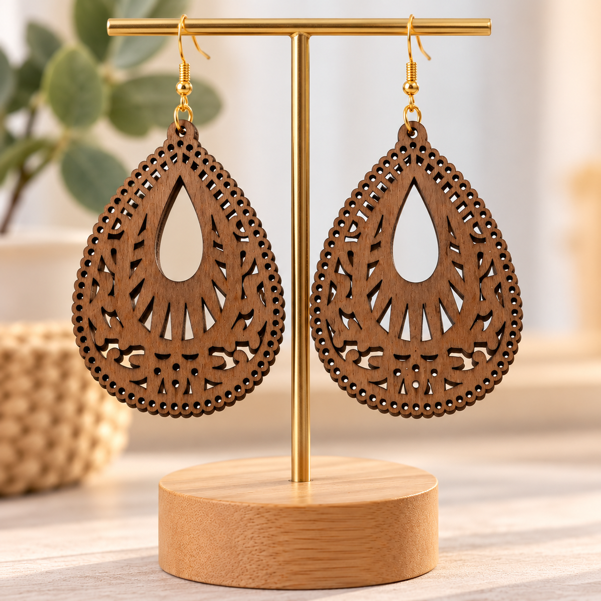 Boucles d’oreilles en bois ajouré – Goutte fantaisie