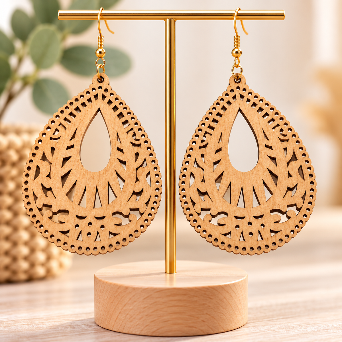 Boucles d’oreilles en bois clair ajouré – Goutte bohème