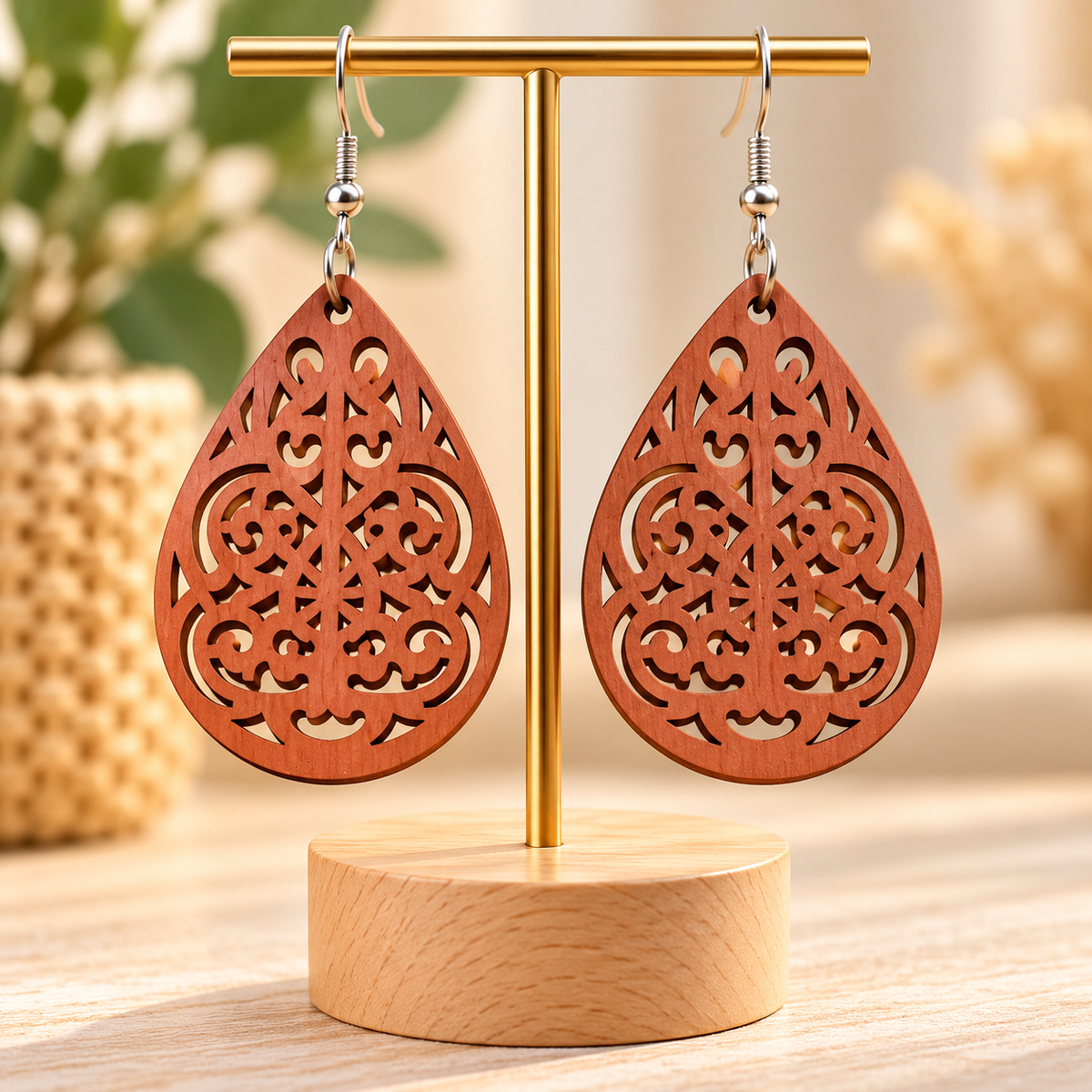 Boucles d’oreilles terracotta en bois ajouré – Goutte bohème
