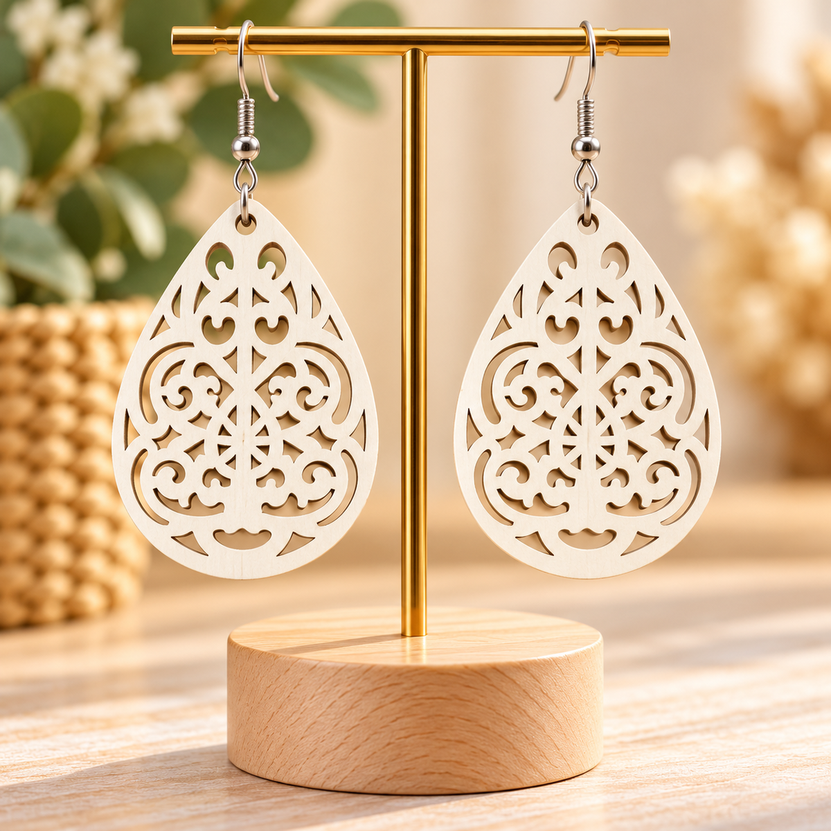 Boucles d’oreilles ivoire en bois ajouré – Goutte baroque