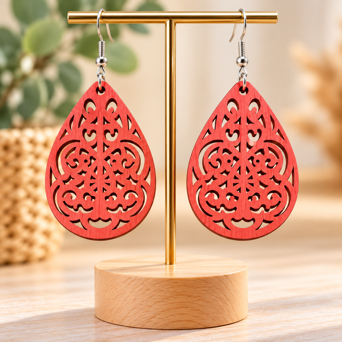 Boucles d’oreilles rouges en bois ajouré – Goutte bohème