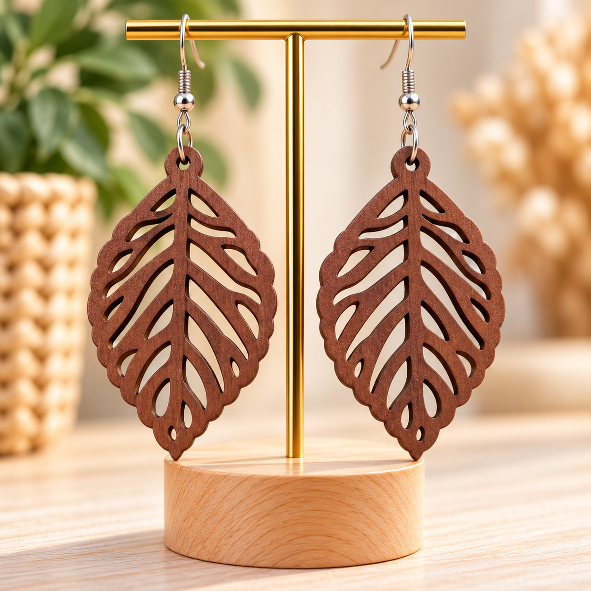 Boucles d’oreilles marron en bois ajouré – Feuille bohème
