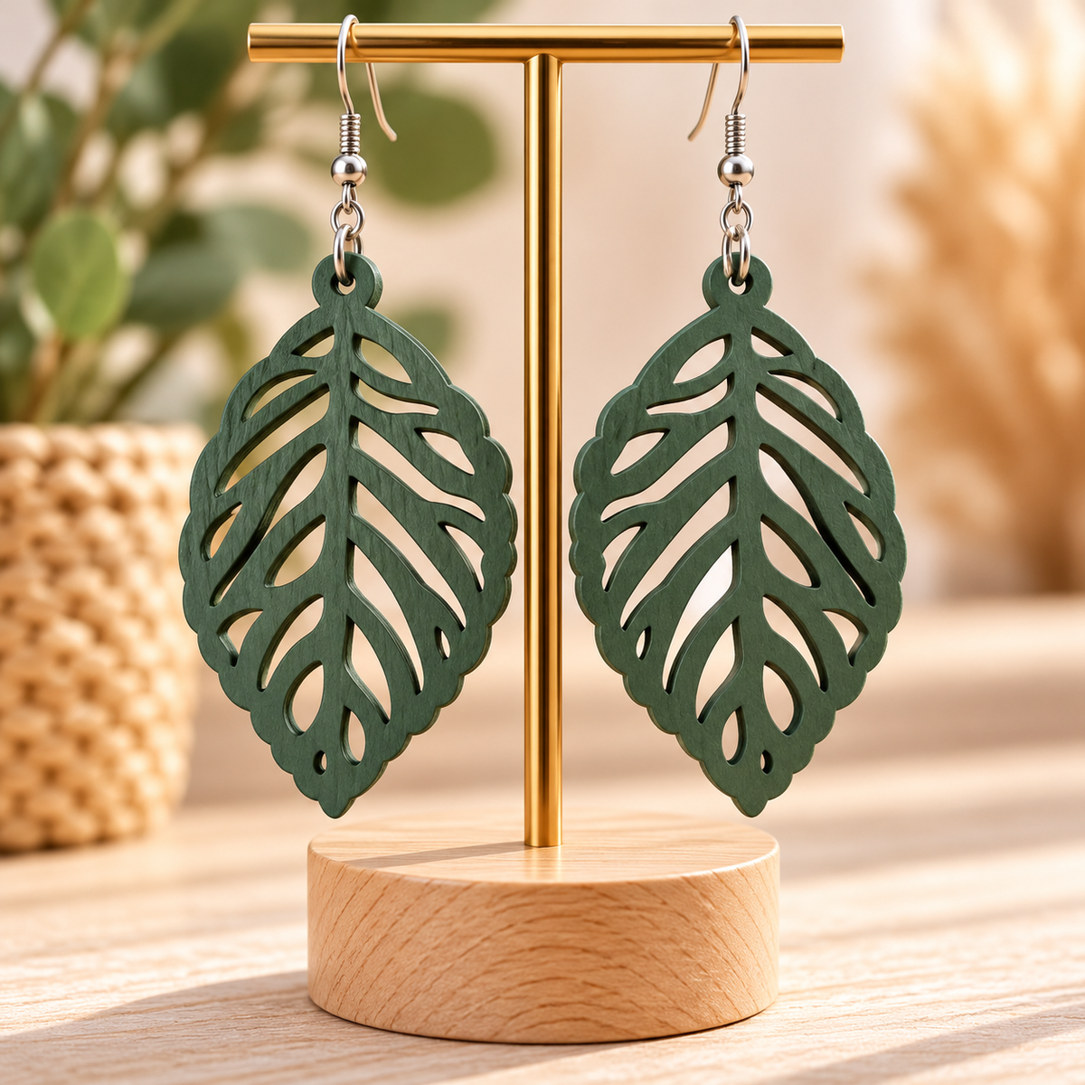 Boucles d’oreilles feuille vert foncé en bois ajouré – Style bohème
