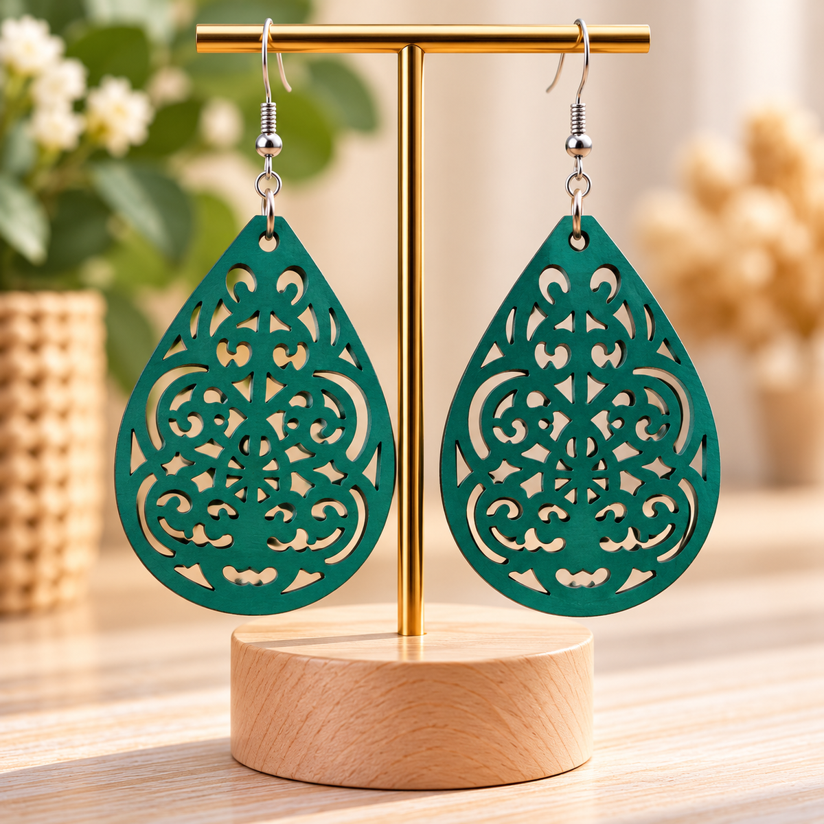 Boucles d’oreilles pendantes bleu canard à motifs ajourés