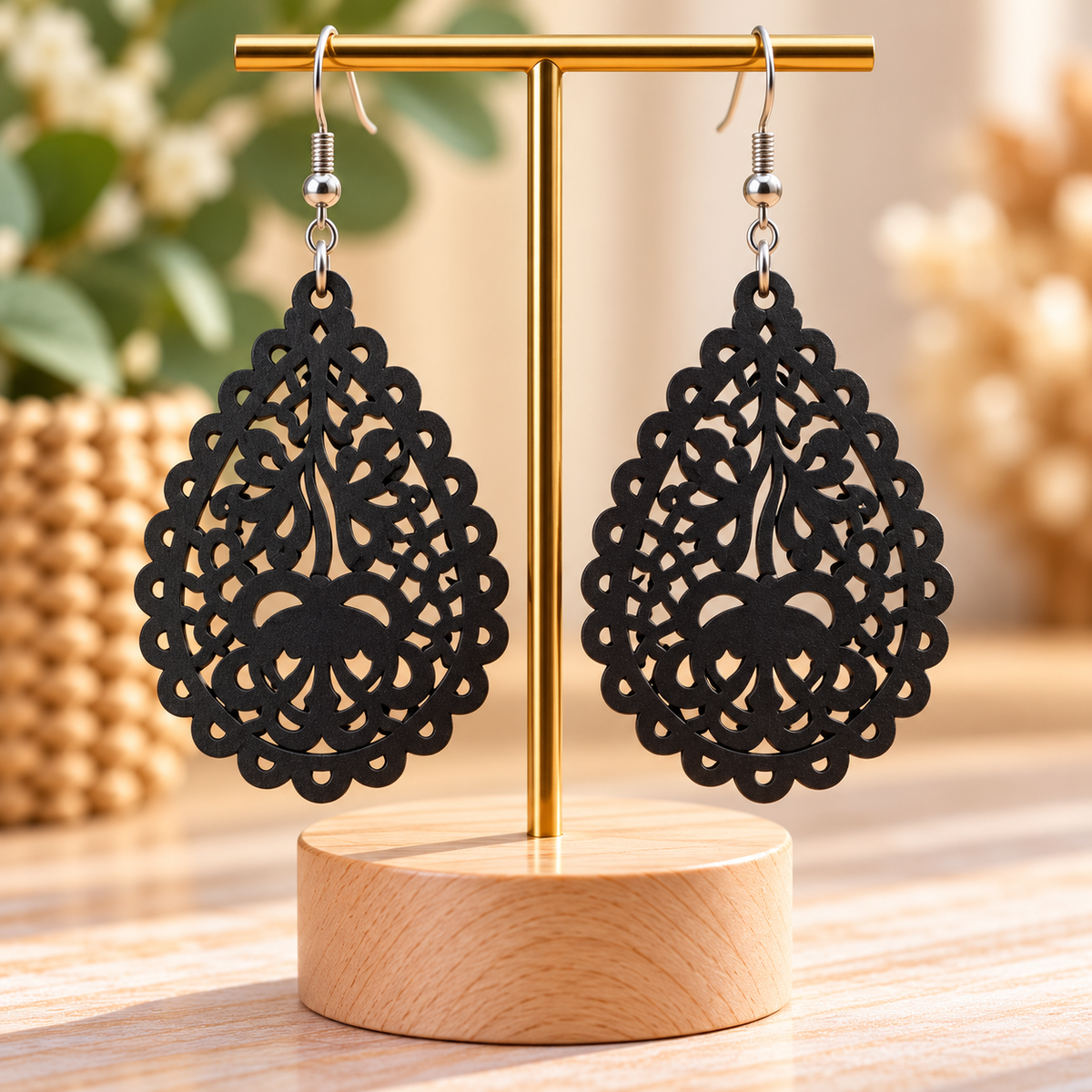 Boucles d’oreilles noires en bois ajouré – Goutte bohème chic