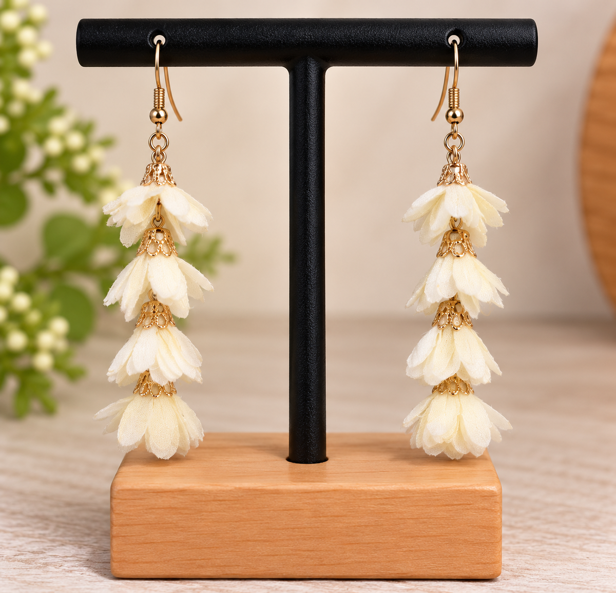 Boucles d’oreilles fleuries écrues et dorées – Style bohème