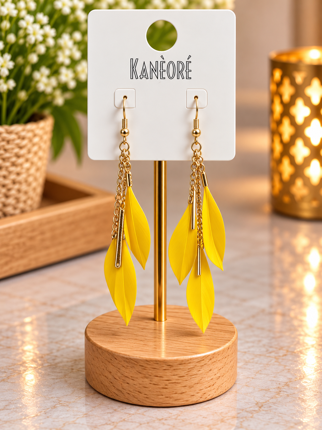 ⭐⭐⭐ Boucles d’oreilles pendantes jaunes et dorées à pampilles