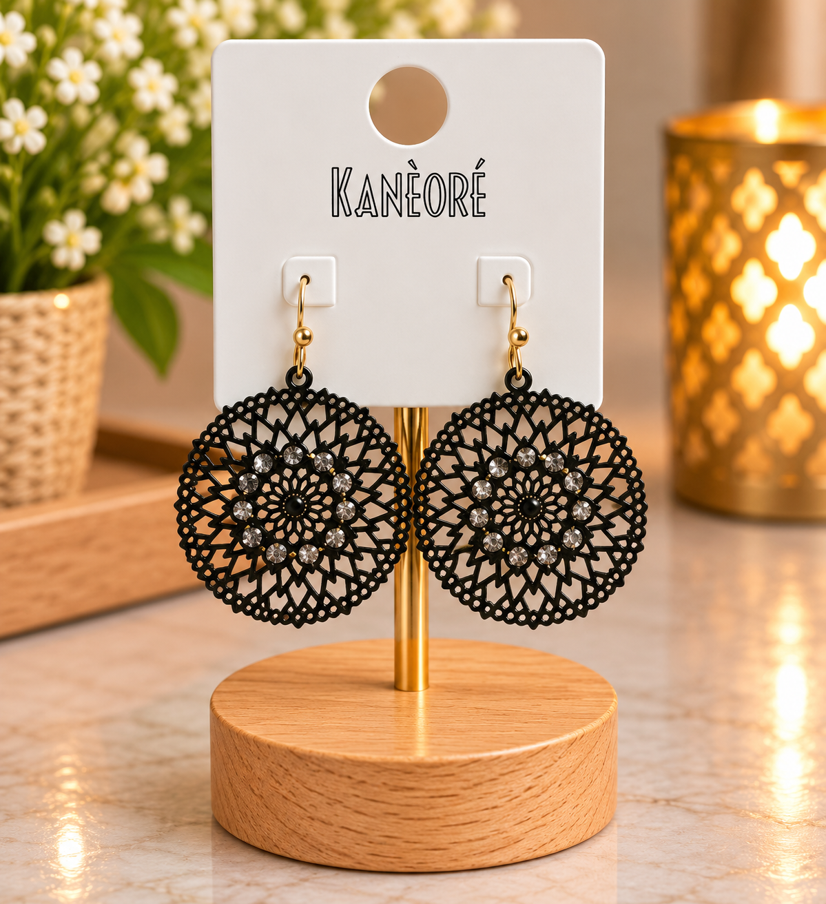 ⭐⭐⭐ Boucles d’oreilles rondes noires ajourées avec strass