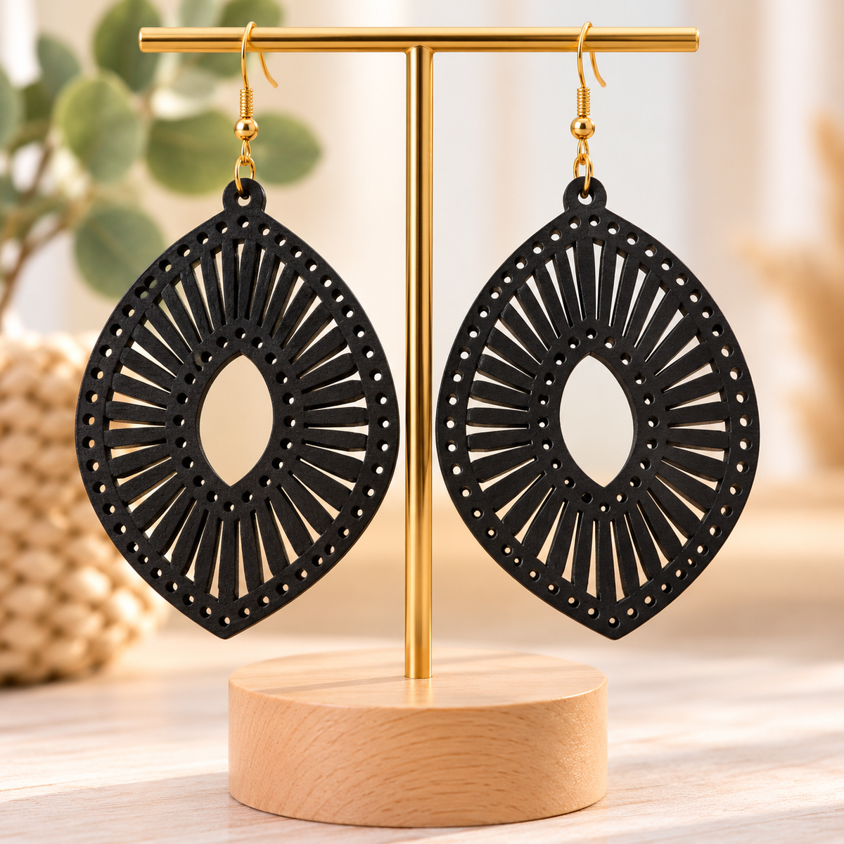 Boucles d’oreilles noires en bois ajouré – Style bohème