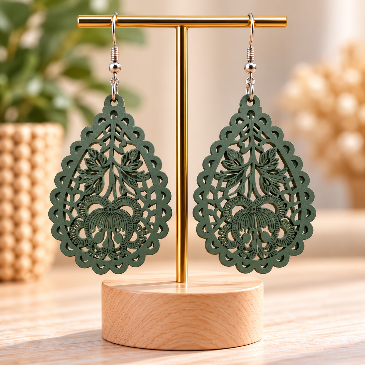 Boucles d’oreilles pendantes vert kaki à motifs floraux ajourés
