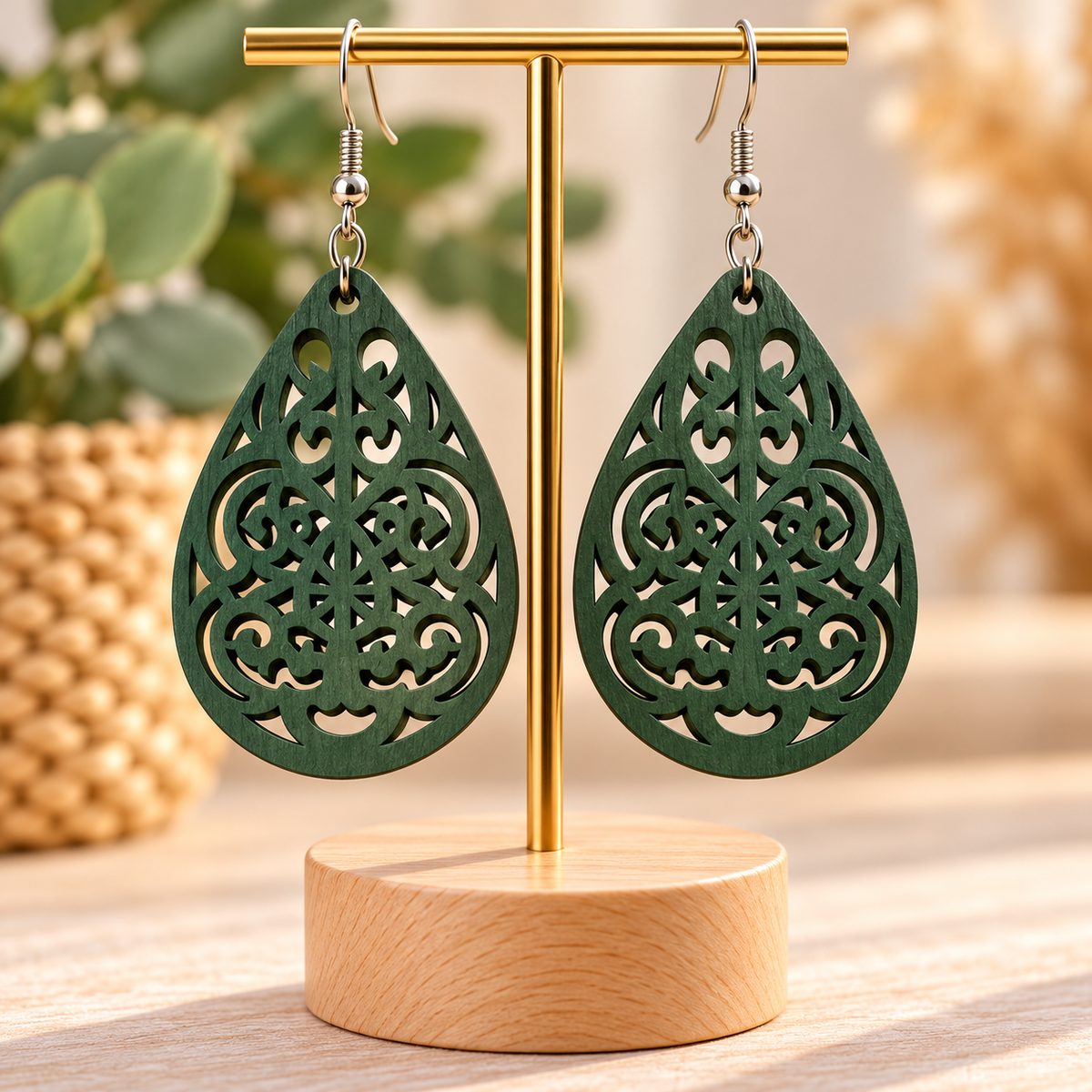 Boucles d’oreilles vert foncé en bois ajouré – Goutte bohème