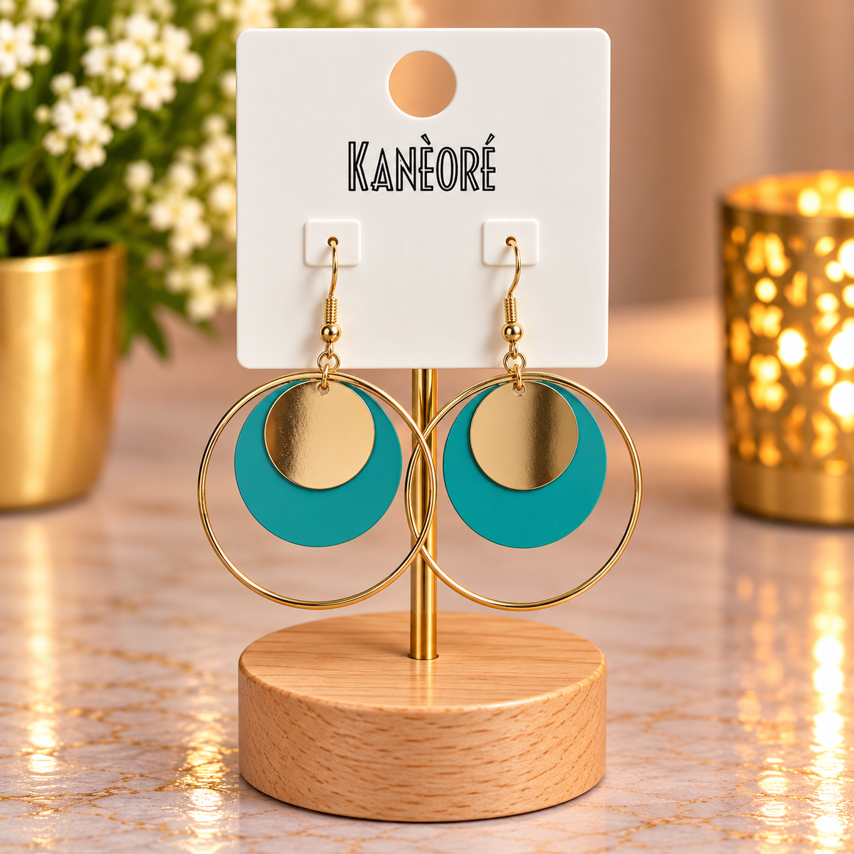 ⭐⭐⭐ Boucles d’oreilles créoles dorées et turquoise