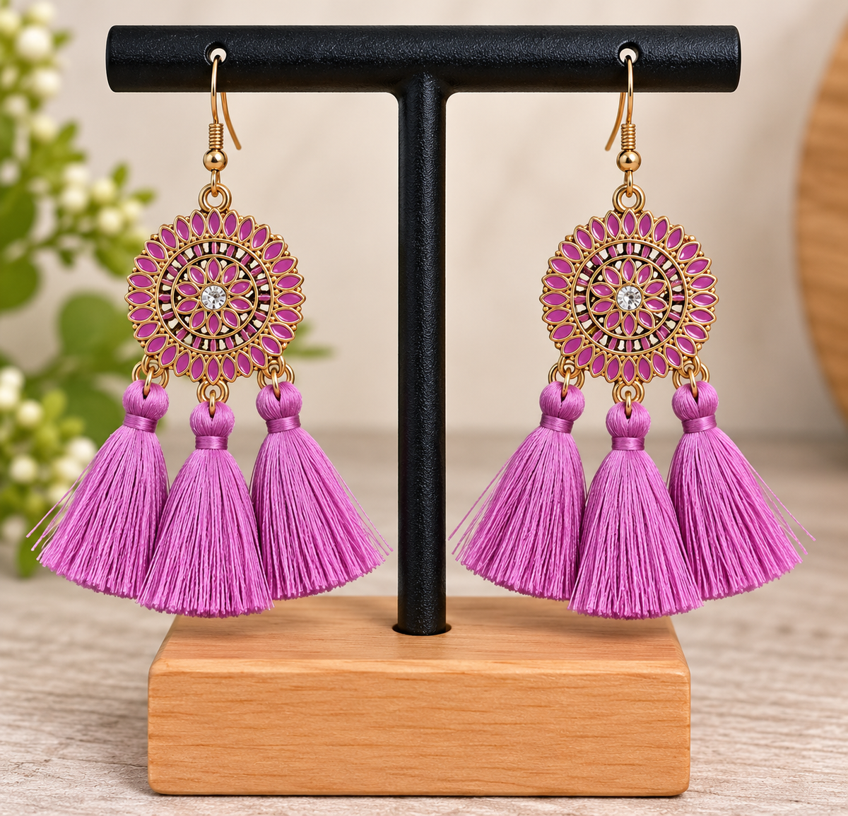 Boucles d’oreilles violettes à pompons dorés – Style bohème