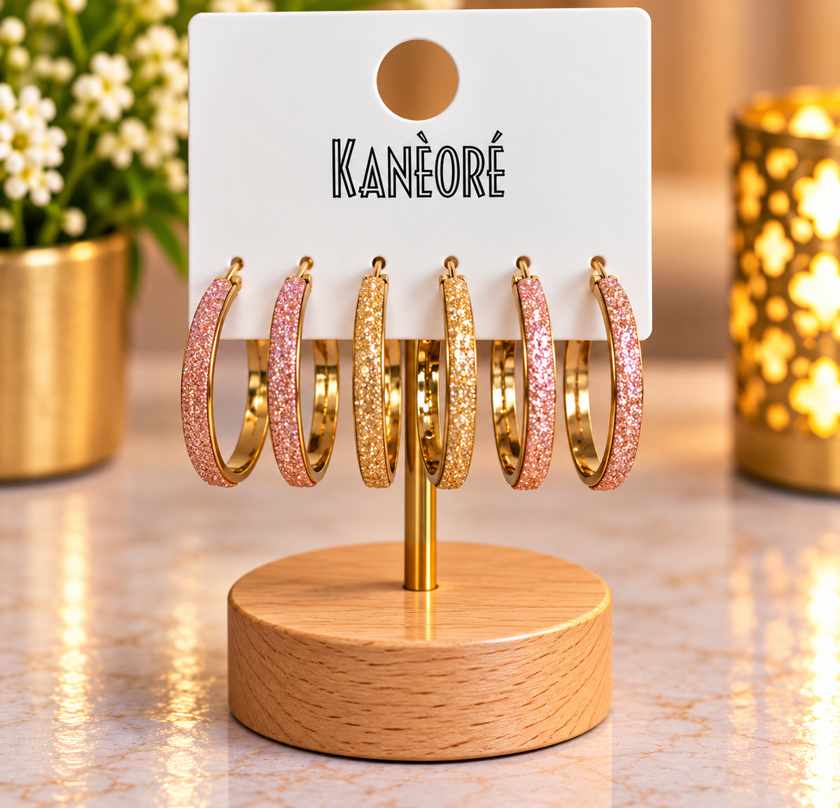 ⭐⭐⭐ Lot de créoles fantaisie dorées et rosées pailletées
