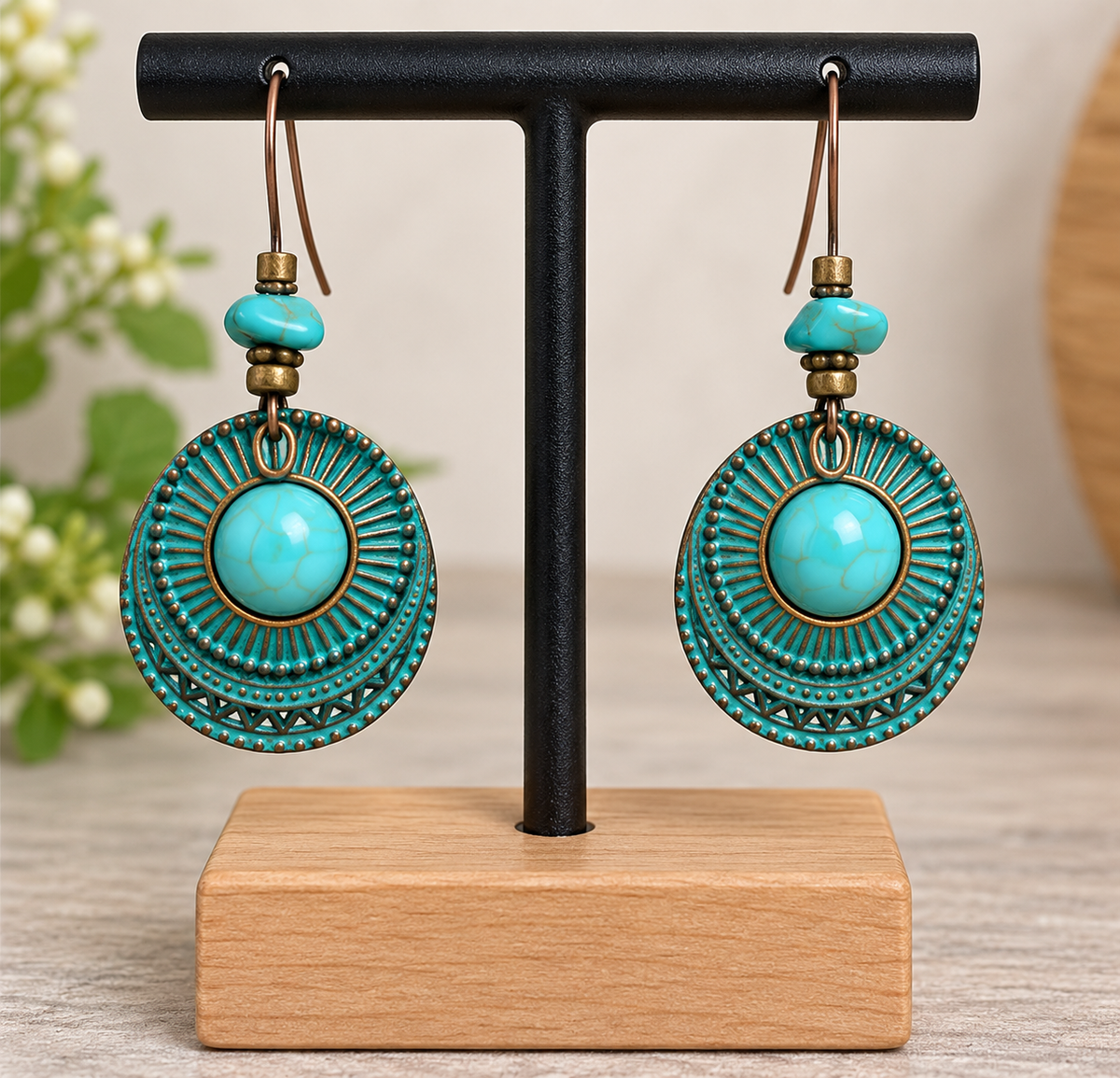 Boucles d’oreilles pendantes turquoise et bronze – Style ethnique