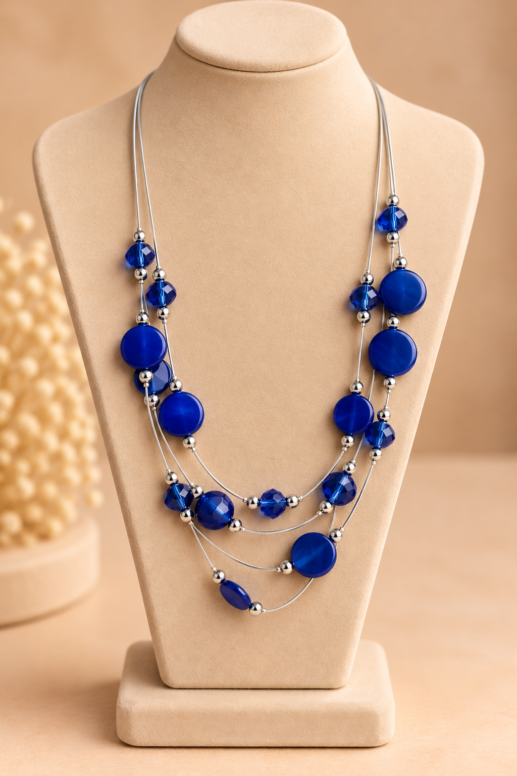 Collier fantaisie multirangs bleu roi et argenté