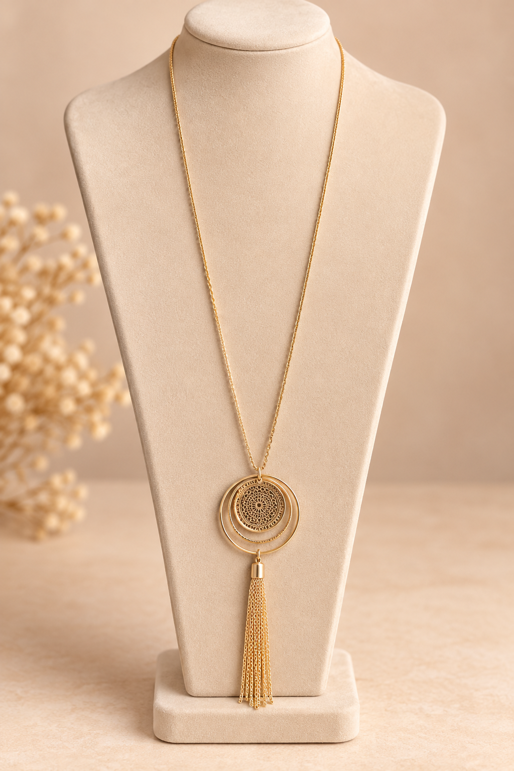 Collier long doré à pendentif rond ajouré et pompon – Kanèoré