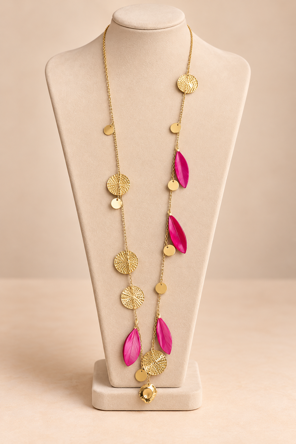 Collier long doré avec médaillons et feuilles fuchsia – Kanèoré