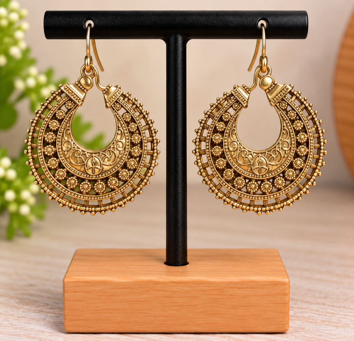 Boucles d’oreilles créoles demi-lune dorées – Style ethnique chic
